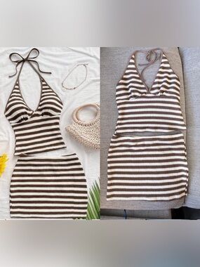 Striped Knit Halter Tank and Skirt Set - Brown & Cream